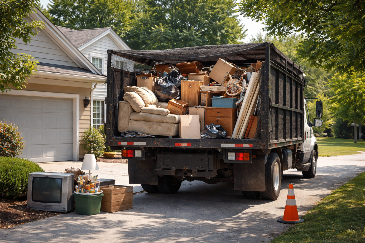 Junk removal truck loaded with furniture and debris in Burlington NC